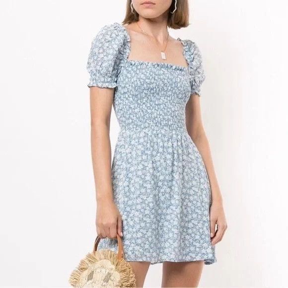 Reformation Size XS Azzuro Blue Floral Orangerie Smocked Mini Dress - Picture 1 of 12